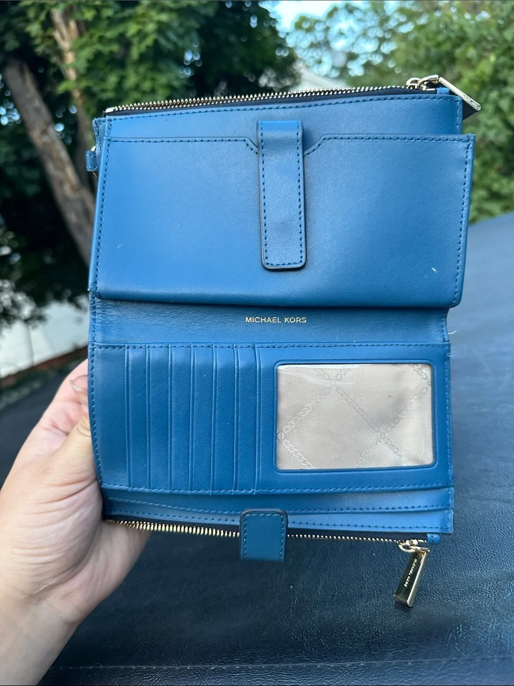 Michael Kors Blue MK Logo Wristlet Wallet with Gold Hardware